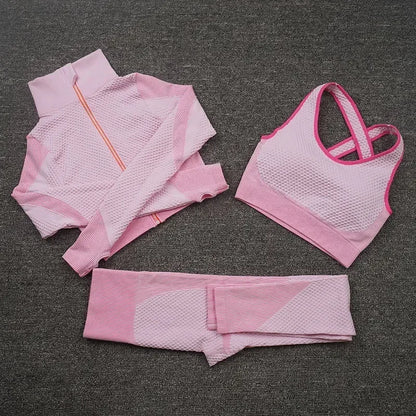 Conjunto de 3 piezas de yoga sin costuras, chaleco deportivo de fitness, pantalones de cintura alta que levantan la cadera, ropa de entrenamiento, conjunto de leggings de gimnasio para mujer