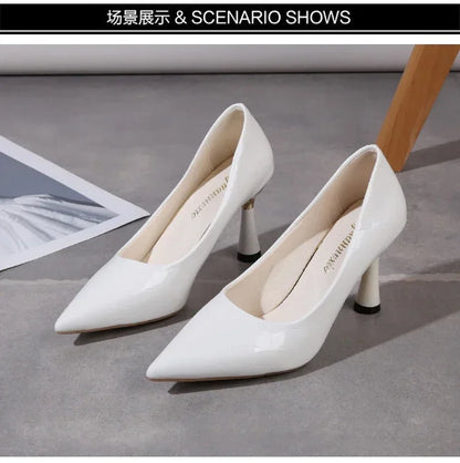 Zapatos Mujer 2024 Tendencia Nuevo Verano Tacones Rojos Elegante Mujer Tacón Negro Punta Puntiaguda Zapatos de Vestir Cuero Blanco Zapatos de Dama