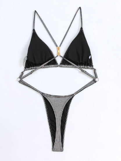 Bikini brasileño triangular plateado brillante con efecto push up para mujer, traje de baño sexy con tangas y cuello halter con cordones.