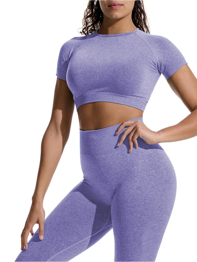 Conjunto de yoga de verano para mujer, cuello redondo, cintura alta, levantamiento de cadera, ajustado, moldeador, conjunto deportivo de dos piezas para fitness
