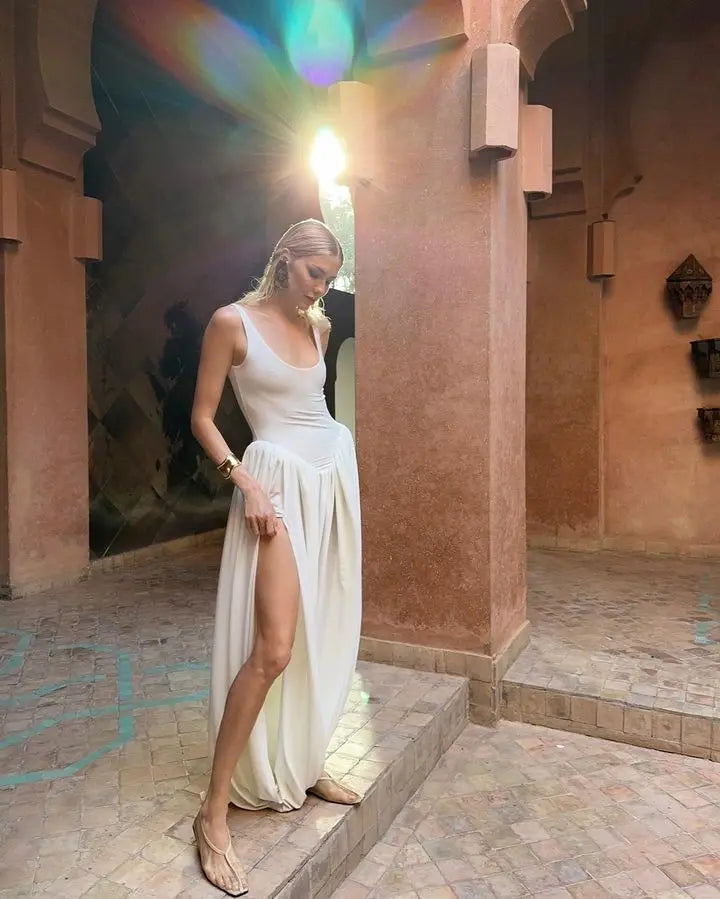 Vestido largo sexy con abertura alta JULISSA MO para mujer, negro, sin mangas, de talle alto, ideal para otoño, elegante y ajustado, perfecto para fiestas y discotecas (2024)