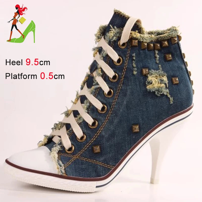 Botas cortas de mezclilla para mujer, botines con tachuelas y tacones altos, botas de mujer con remaches, tacones altos finos con cordones, zapatos de mezclilla