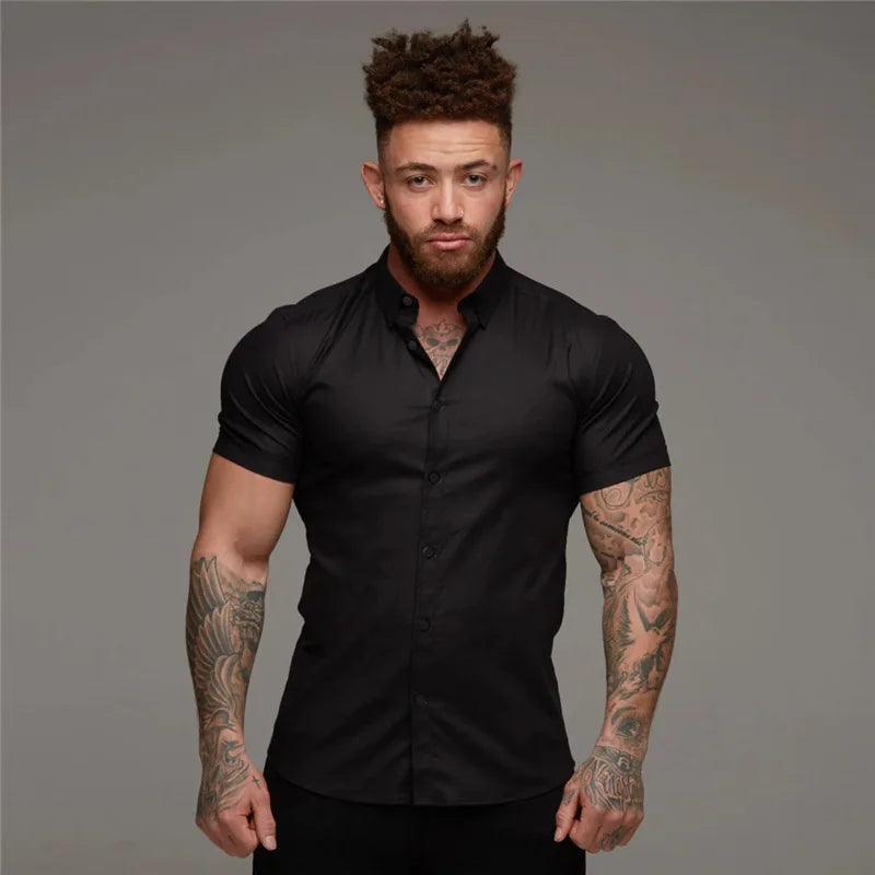 Camisas de vestir ajustadas para hombre, estilo casual de verano, con cuello vuelto, manga corta y botones LXDZ-110