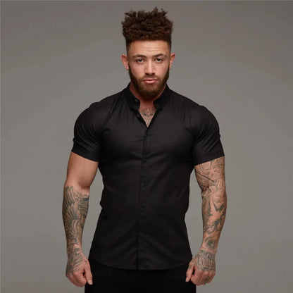 Camisas de vestir ajustadas para hombre, estilo casual de verano, con cuello vuelto, manga corta y botones LXDZ-110