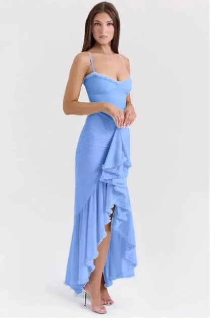 Vestidos de fiesta de malla irregular Suninheart 2024, nuevos modelos, vestido ajustado con tirantes finos, vestido largo fruncido de moda para mujer.