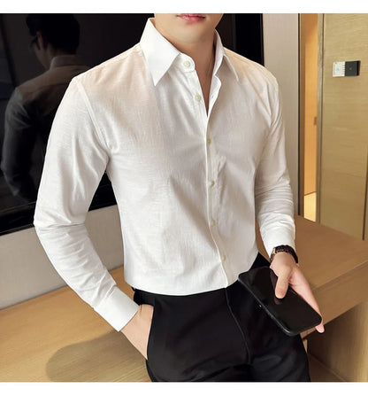 Camisa de hombre de color liso de alta calidad, 55 % algodón y 45 % lino, transpirable y con absorción de sudor, de manga larga. Tallas M-4XL.