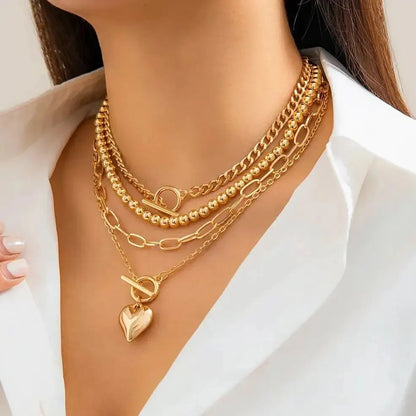 Juego de 4 collares con colgante de corazón estilo punk dorado para mujer, gargantilla de cadena con cuentas y hebilla OT, accesorios de joyería Y2K 2024