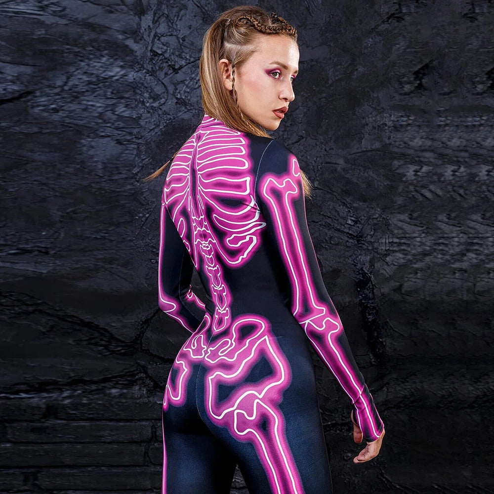 [You're My Secret] Halloween Cosplay Costume for Women Adults Skeleton 3D Printed Cyberpunk Zipper Bodysuit Party Fancy Dresses