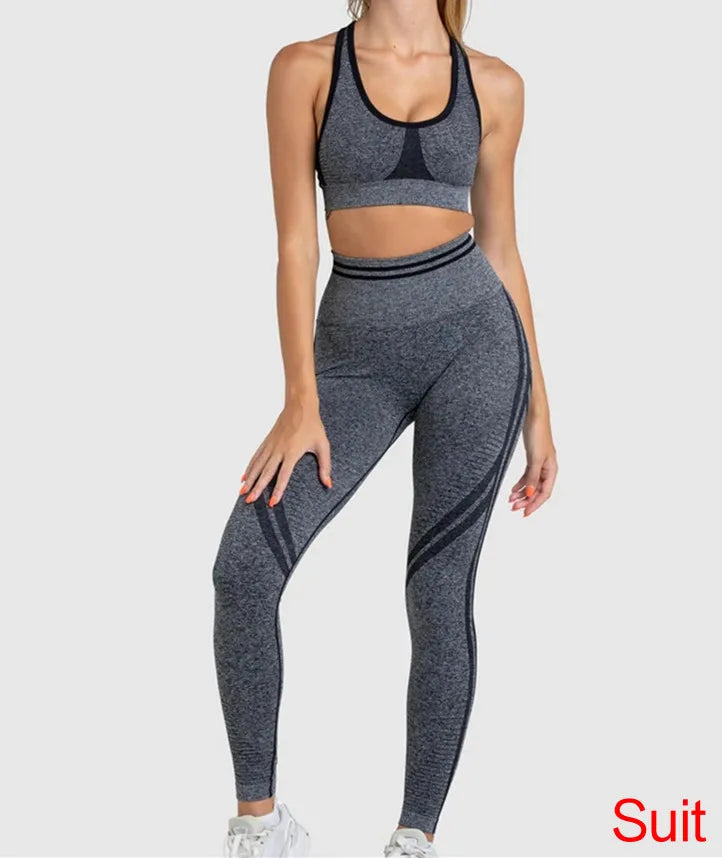 Conjuntos de ropa deportiva de media pieza sin costuras para mujer, conjuntos de gimnasio de manga larga, sujetador deportivo de yoga, leggings push up y mallas deportivas.