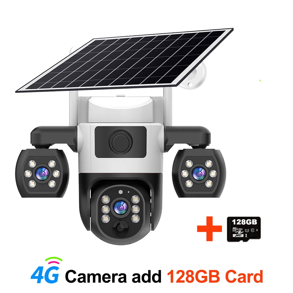Cámara V380 Pro 4G con tarjeta SIM, panel solar, tres lentes, batería para exteriores, vigilancia doméstica, seguridad y protección (CCTV).