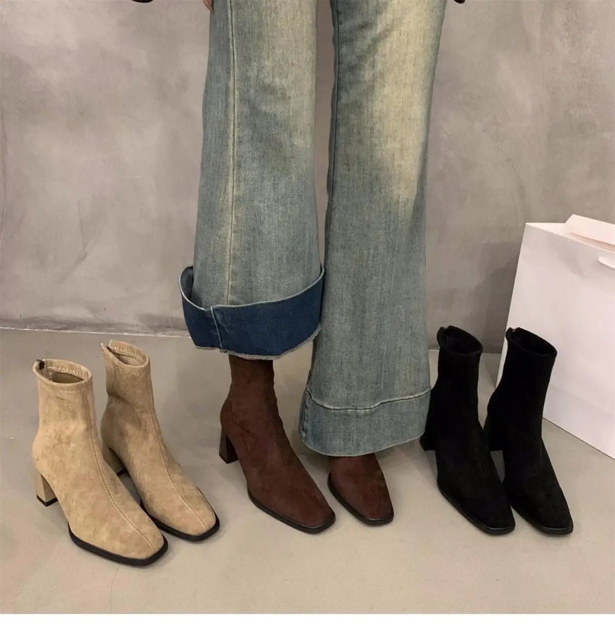 Vintage Women Ankle Boots 2024 Fashion Square Toe Thick High Shoes Autumn Winter New Ladies Elegant Stretch Slim Short Booties