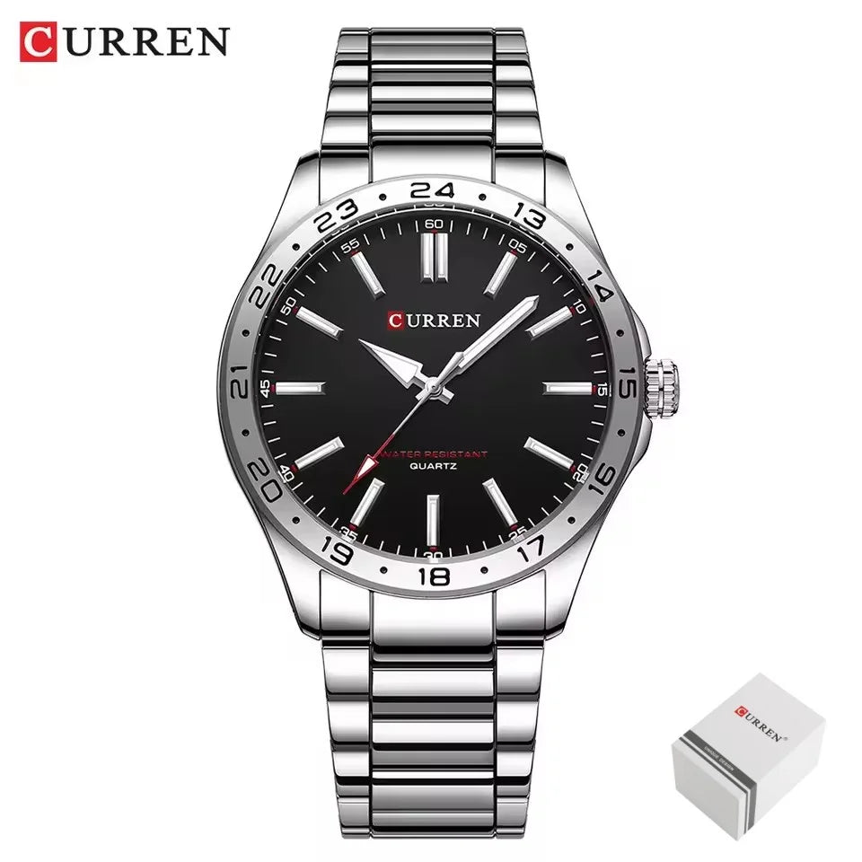 CURREN 8452 Reloj de cuarzo para hombre, sencillo, moderno, para ocio y negocios, con correa de acero inoxidable negra y plateada.