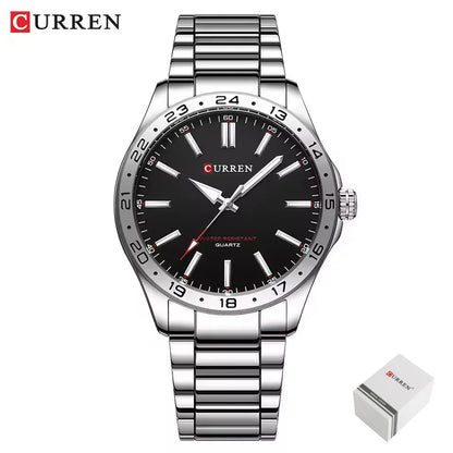 CURREN 8452 Reloj de cuarzo para hombre, sencillo, moderno, para ocio y negocios, con correa de acero inoxidable negra y plateada.