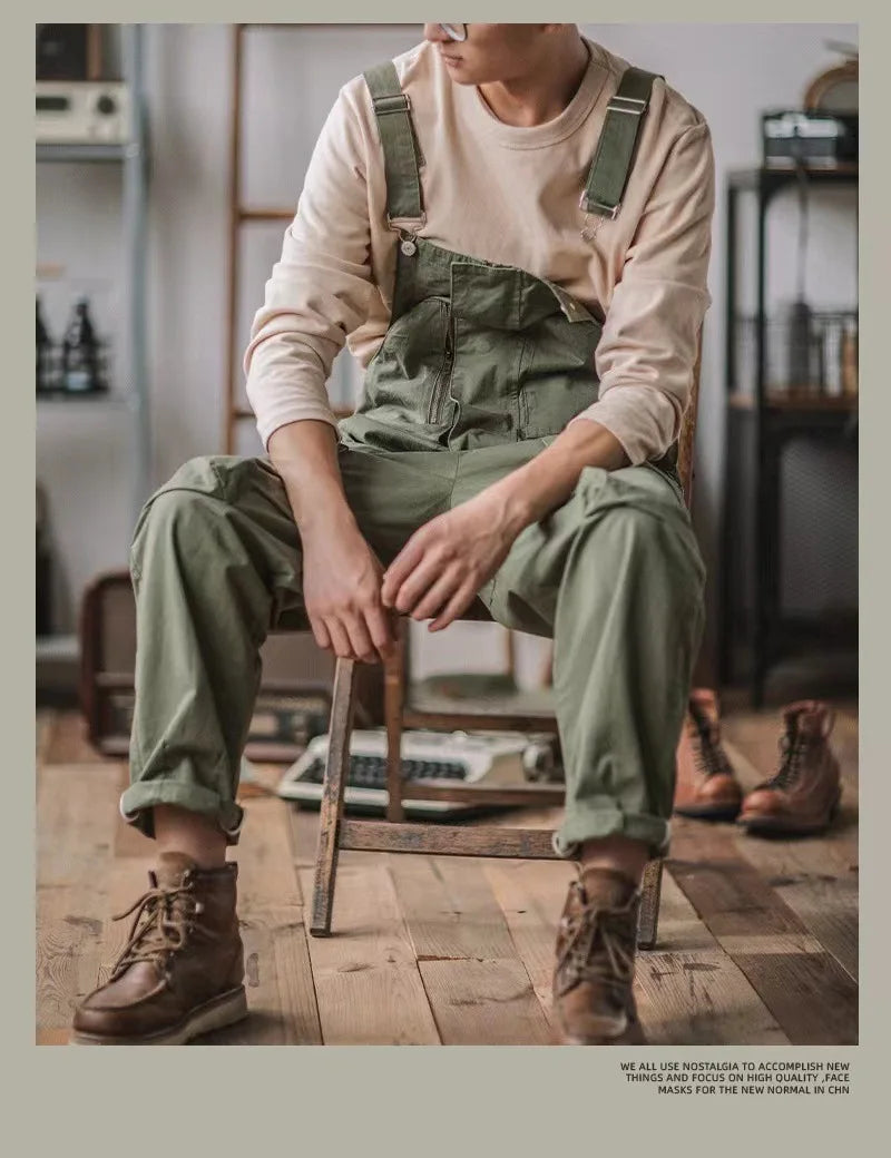 Retro American Cotton Overalls Bibs Loose Washing Jumpsuit Men's Suspenders Four Seasons Full Length Baggy Pants