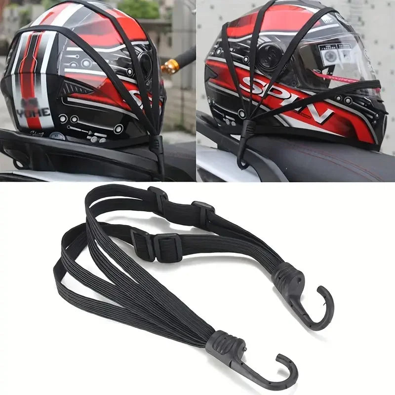 Maleta elástica para motocicleta con gancho de seguridad, malla versátil para casco, duradera y elegante para viajes diarios.