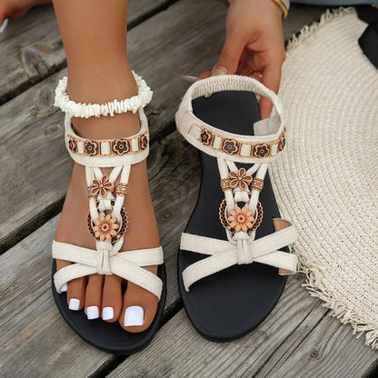 Sandalias romanas de suela plana para mujer, zapatos informales con hebilla de talla grande para exteriores, para verano de 2025