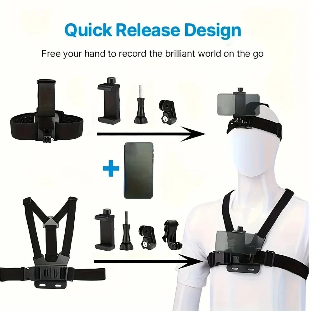 Kit de cámara de acción todo en uno de 6 piezas con correa para la cabeza y correa para el pecho, ajustable para GoPro, teléfono, Osmo, estabilidad mejorada y versatilidad.