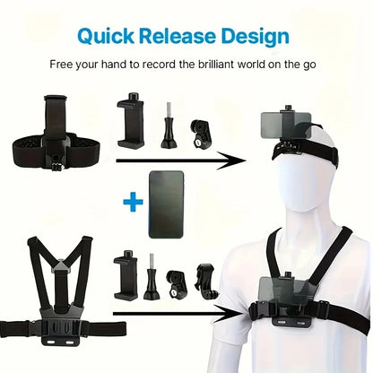 Kit de cámara de acción todo en uno de 6 piezas con correa para la cabeza y correa para el pecho, ajustable para GoPro, teléfono, Osmo, estabilidad mejorada y versatilidad.