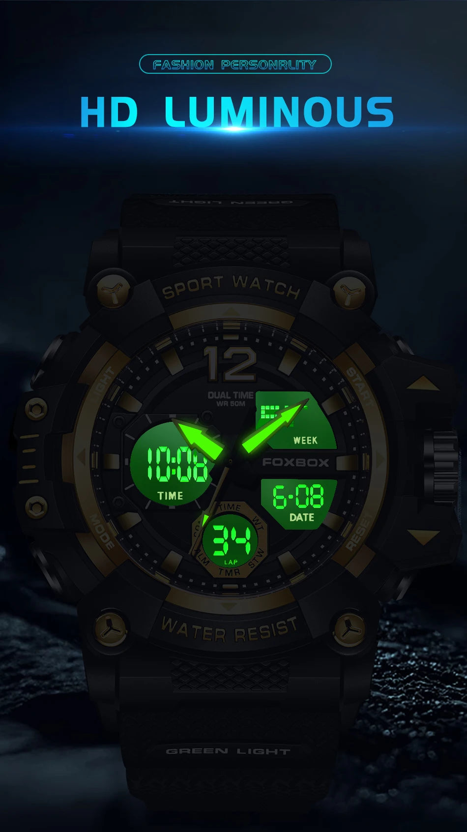 Relojes de pulsera para hombre con pantalla LED de lujo FOXBOX, deportivos, luminosos, impermeables, militares, de cuarzo, para hombre, Relogios Masculino + Caja