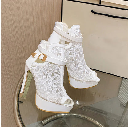 Hlieny Otoño Sexy Tela de Malla Plataforma Tacones Altos Botas Sandalias Mujer Peep Toe Club Nocturno Fiesta Stiletto Zapatos Femeninos
