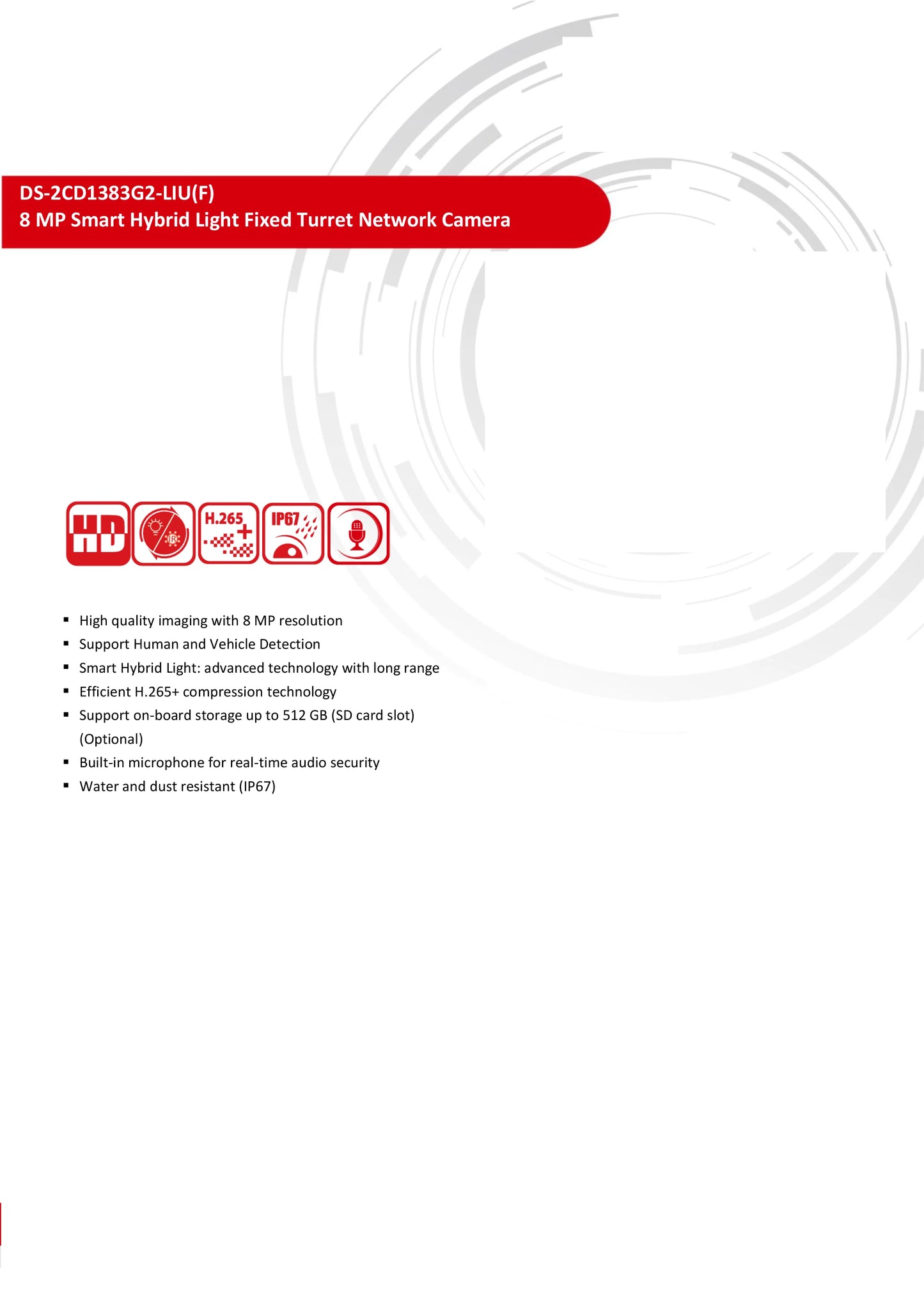 Cámara IP Hikvision ColorVu Smart Hybrid Light DS-2CD1383G2-LIU 4K 8MP con doble luz blanca y micrófono integrado.