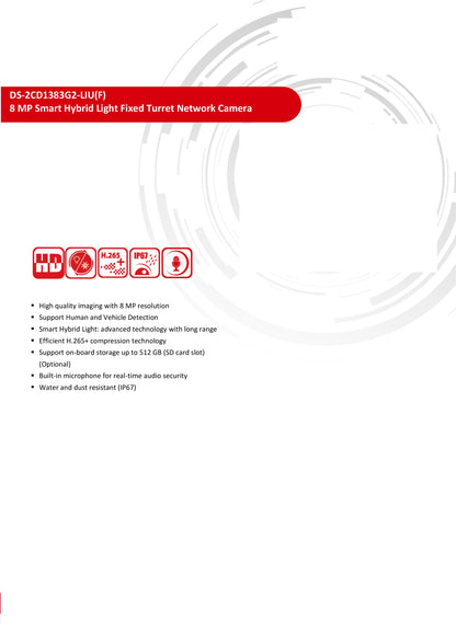 Cámara IP Hikvision ColorVu Smart Hybrid Light DS-2CD1383G2-LIU 4K 8MP con doble luz blanca y micrófono integrado.