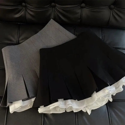 Minifalda negra con volantes Mooyufon para mujer, estilo coreano, con diseño de patchwork, plisada, estilo japonés kawaii, de cintura alta, combina con todo, estilo línea A, nueva