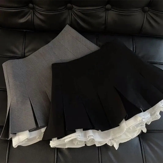 Minifalda negra con volantes Mooyufon para mujer, estilo coreano, con diseño de patchwork, plisada, estilo japonés kawaii, de cintura alta, combina con todo, estilo línea A, nueva