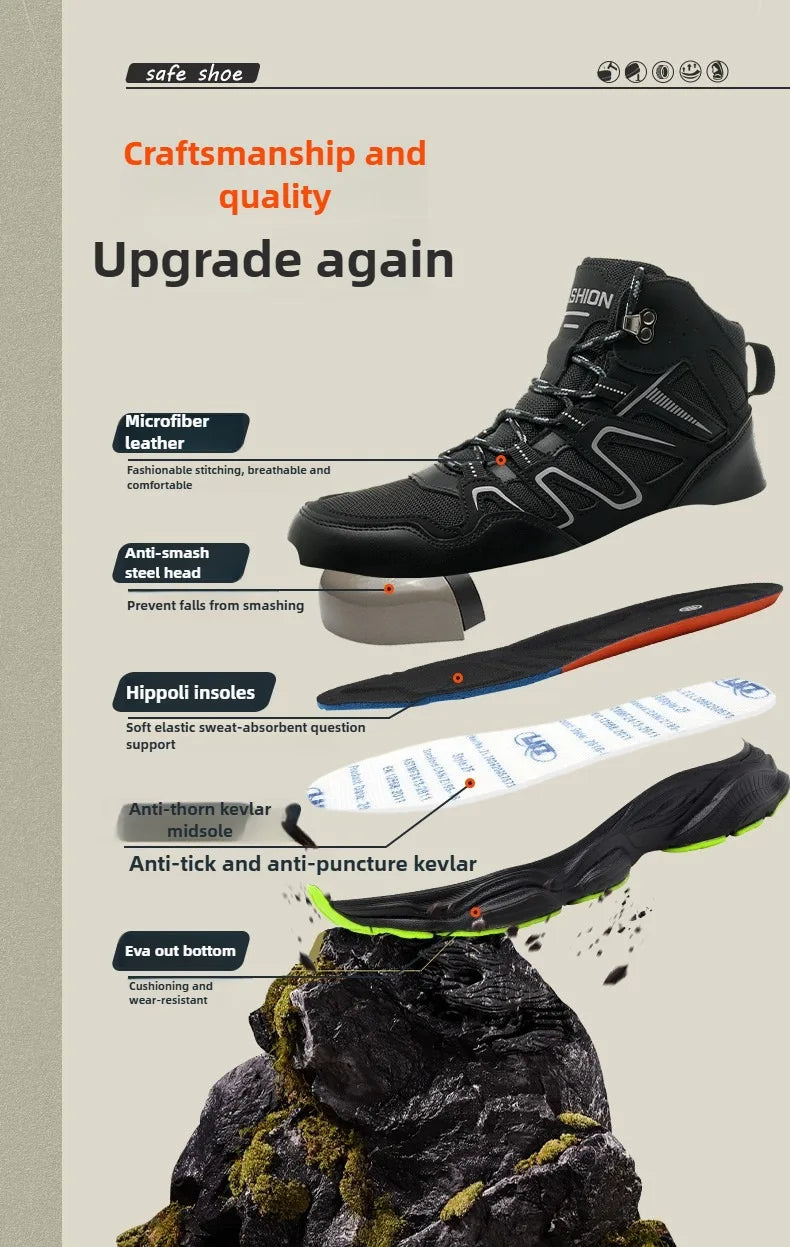 Botas de seguridad indestructibles para hombre, anti-aplastamiento, anti-perforación, para trabajos de construcción, con puntera de acero, botas de trabajo para hombre, calzado de seguridad laboral.