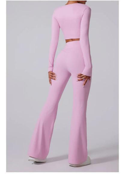 Conjunto de yoga para mujer: pantalones acampanados, ropa deportiva para gimnasio, top push-up de manga larga, estilo deportivo y sexy.