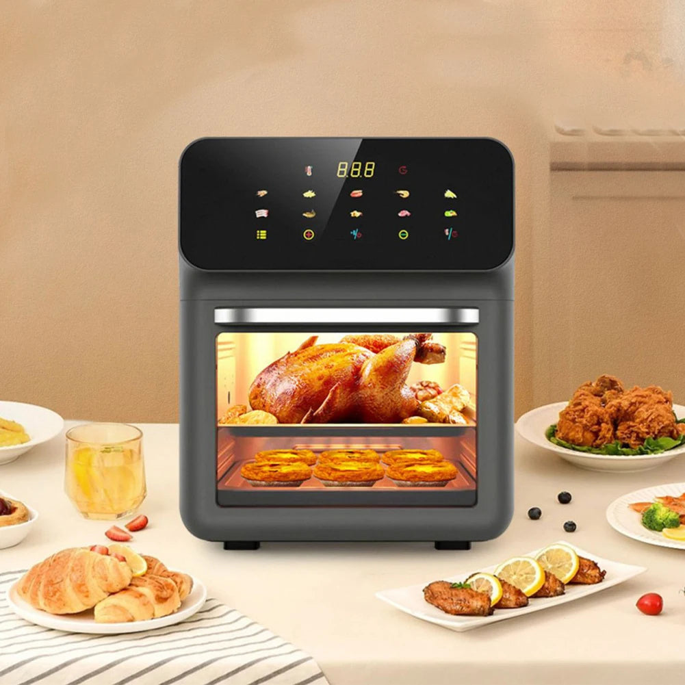 Freidora de aire con pantalla táctil de 80-200 °C, freidora eléctrica con temporizador de 0 a 60 minutos, freidora sin humo, ventana visible para descongelar, hornear y asar.