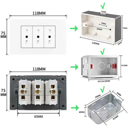 Enchufe de pared USB inteligente tipo C de 20 W con carga rápida para Italia, Chile y México; panel de interruptor de luz eléctrico de Brasil con toma USB-C universal.