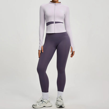 Conjuntos de yoga con contraste de colores para mujer, chaqueta deportiva de manga larga sin costuras con cremallera, leggings adelgazantes de cintura alta, chándal de fitness