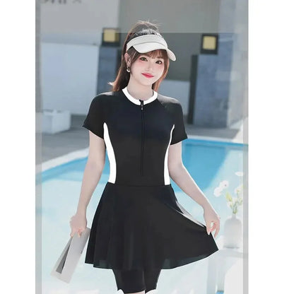 Traje de baño deportivo de una pieza para mujer, manga corta, talla grande, que oculta el cuerpo, talla grande, nuevo estilo 2024