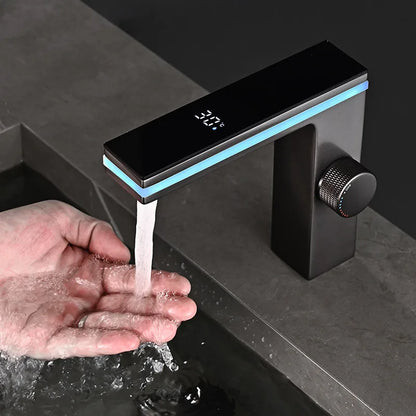 Grifo de lavabo con pantalla digital, LED inteligente, lavabo de latón para montaje en encimera, mezclador de agua fría y caliente Crane, grifo para tocador