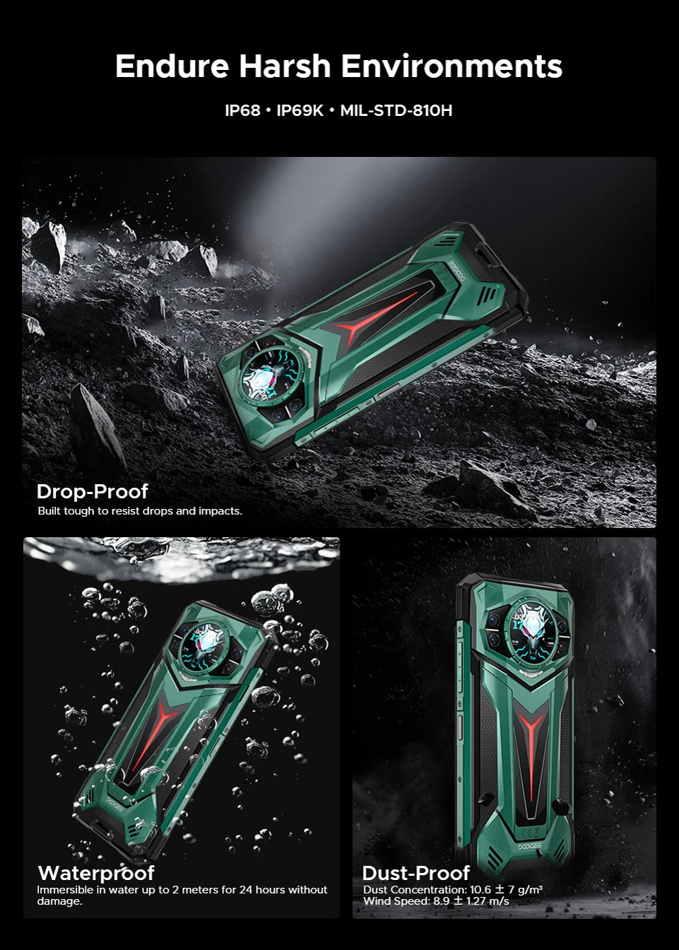 Teléfono resistente DOOGEE S200 Ultra 5G con IA, 48 GB + 1 TB, pantalla trasera de 1,34" con efecto de luz, procesador Dimensity 7400, batería de 11000 mAh, carga rápida de 66 W, NFC, WiFi 6E.