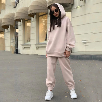 Conjuntos de dos piezas de forro polar para mujer, elegantes, de color sólido, con capucha extragrande y pantalones largos, chándal deportivo para otoño e invierno 2023.