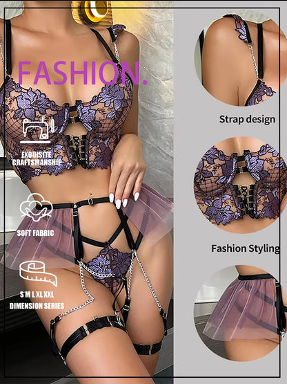 Conjunto de lencería para mujer con estampados de flores huecas bordadas, bonitos clips de metal y delantal de estilo uniforme para juego de disfraces sexy.