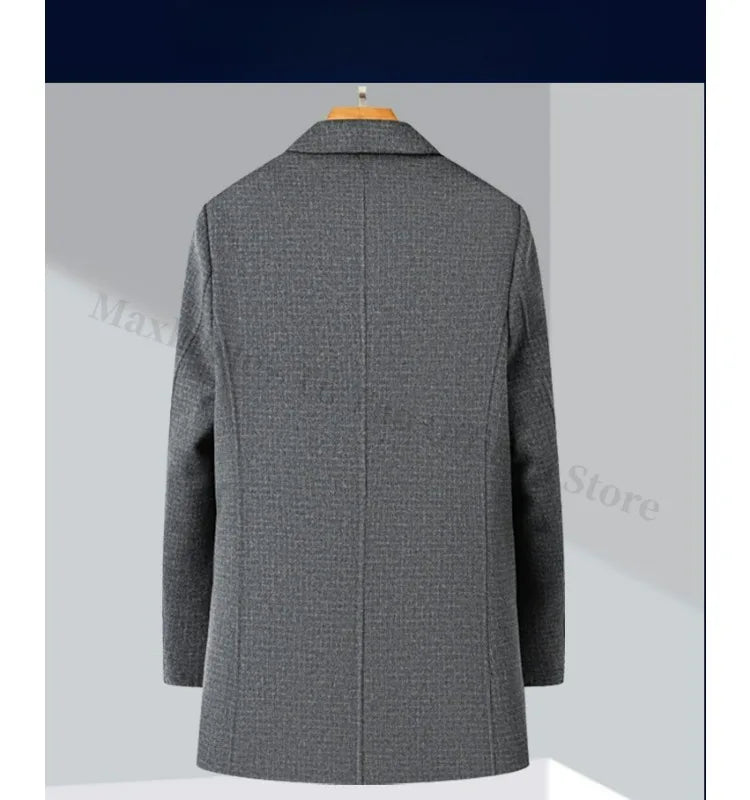 Abrigo de lana de doble faz para hombre, colección invierno 2025, estilo clásico informal de negocios, con solapa de muesca. Gabardina premium de largo medio.