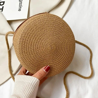 Bolso redondo de paja para mujer, tejido a mano, tipo bandolera, para playa, bonito bolso de mano pequeño de ratán tejido a mano, de color caramelo