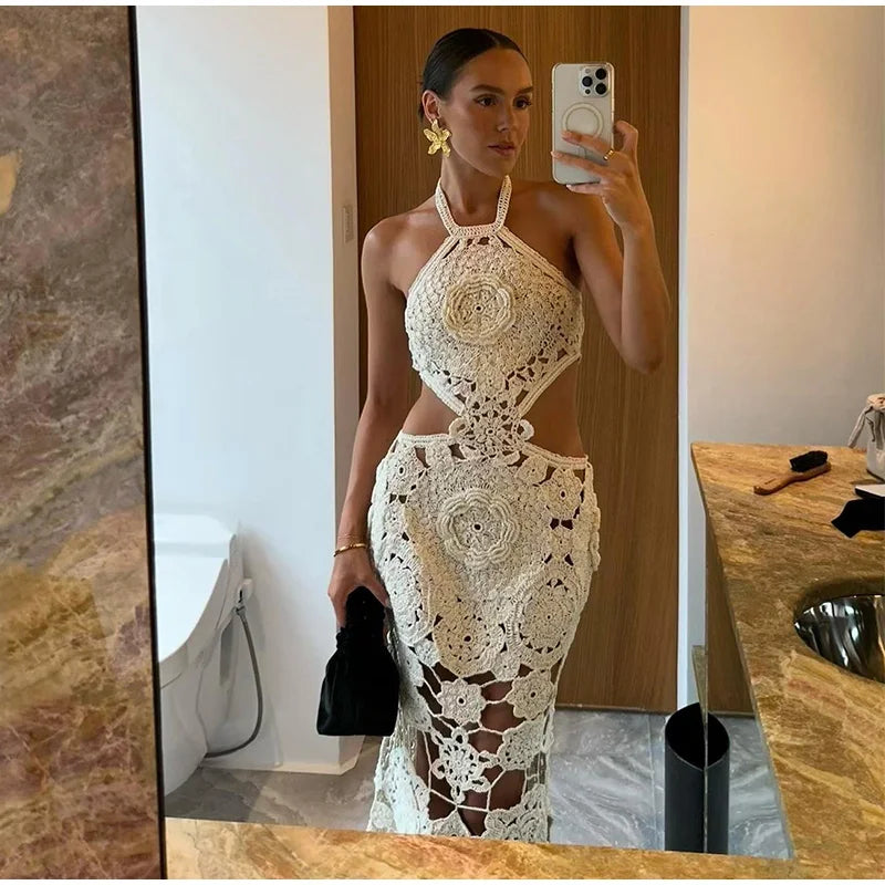 Vestido largo de punto con cuello halter y estampado floral, sexy, sin mangas y con espalda descubierta, estilo maxi, colección 2024. Ideal para la playa y las vacaciones.