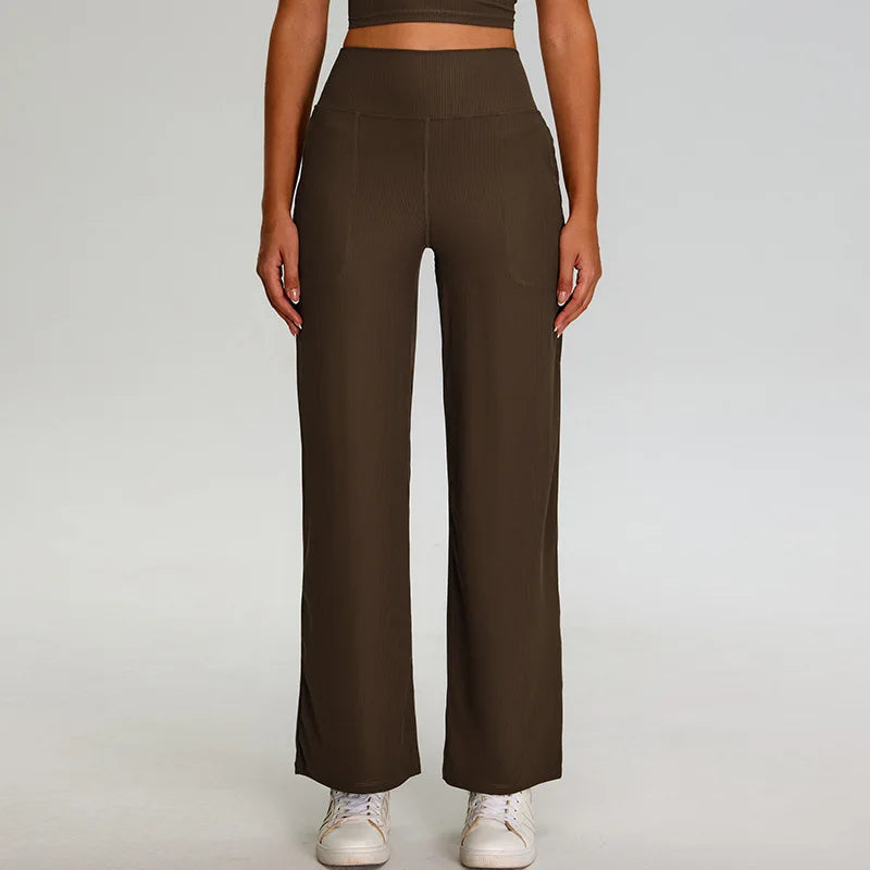 Pantalones de Yoga acanalados para mujer, leggings deportivos para gimnasio, leggings de cintura alta para fitness, pantalones deportivos para correr al aire libre, pierna recta.