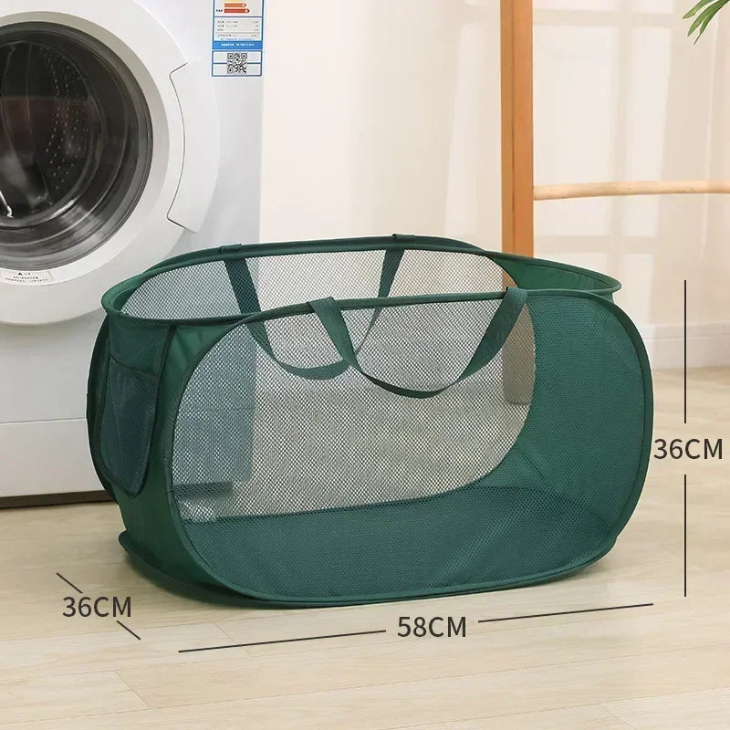 Cesta de lavandería plegable y duradera, cesta de lavandería de malla desplegable con bolsillo lateral, cesta de almacenamiento de ropa plegable con refuerzo