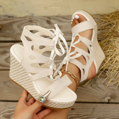 Sandalias de verano para mujer con tacón grueso, plataforma con boca de pez, suela de goma, estilo romano, talla grande, cómodas, con forro de PU