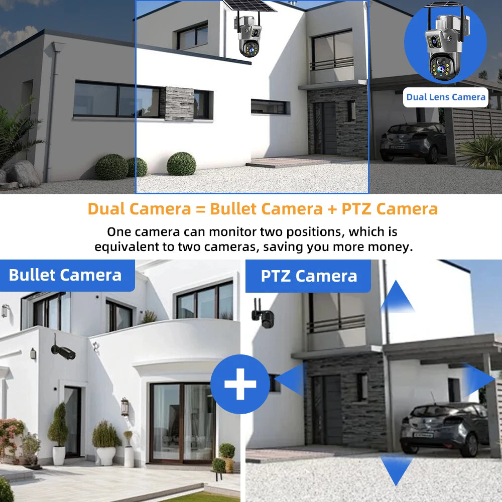 Cámara de seguridad CCTV V380 Pro 4K 8MP con 2 lentes, WiFi 4G, energía solar, visión nocturna PIR para exteriores, IP66, batería de bajo consumo.