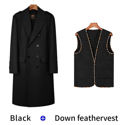Worsted pure wool coat for men super long, knee length double breasted thickened and warm classic business wool coat for men