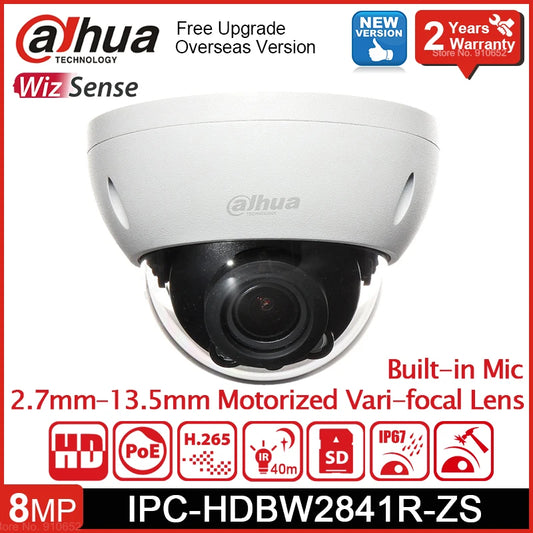 Cámara IP domo de vigilancia Dahua IPC-HDBW2841R-ZS de 8 MP para exteriores, con lente varifocal motorizada, ranura para tarjeta SD, protección IP67, IK10, visión nocturna por infrarrojos de 40 m.