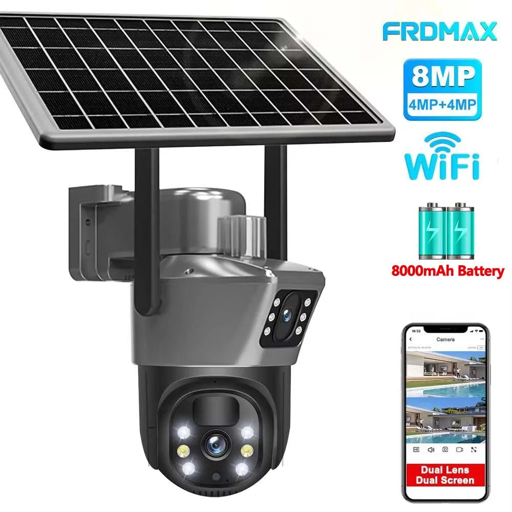 Cámara solar WiFi 4K de 8MP para exteriores, cámara de vigilancia CCTV inalámbrica con panel solar, doble lente, cámara IP PTZ y protección de seguridad.