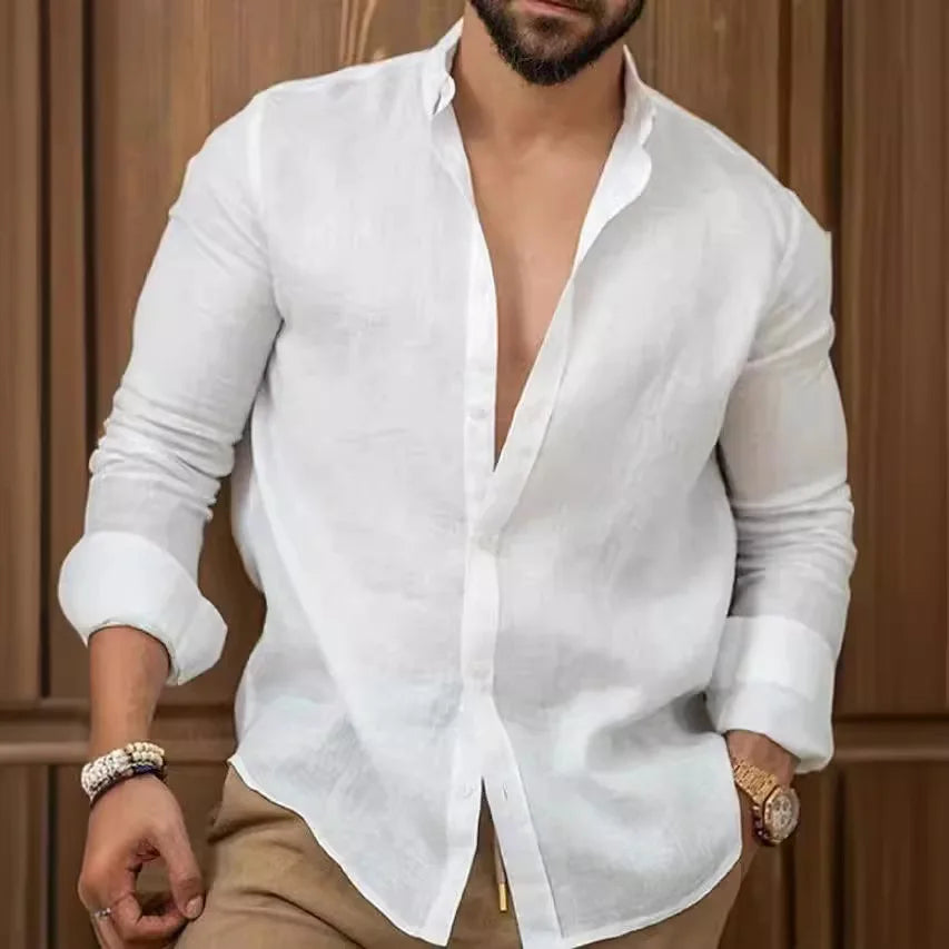 Camisa lisa de lino y algodón de color liso para hombre, camisa clásica de manga larga con solapa y botones, holgada, a la moda para primavera y verano