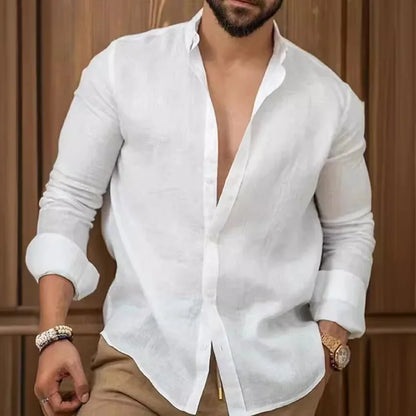 Camisa lisa de lino y algodón de color liso para hombre, camisa clásica de manga larga con solapa y botones, holgada, a la moda para primavera y verano